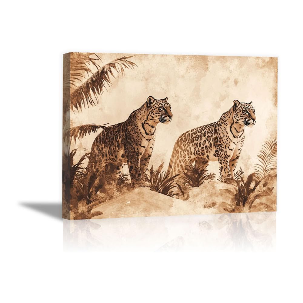 TERUEA Cartel Retro Impresión Arte Dos tigres vintage Cuadros Decoracion Salon Cuarto de baño Aseo WC（Beige-70x100cm Enmarcado