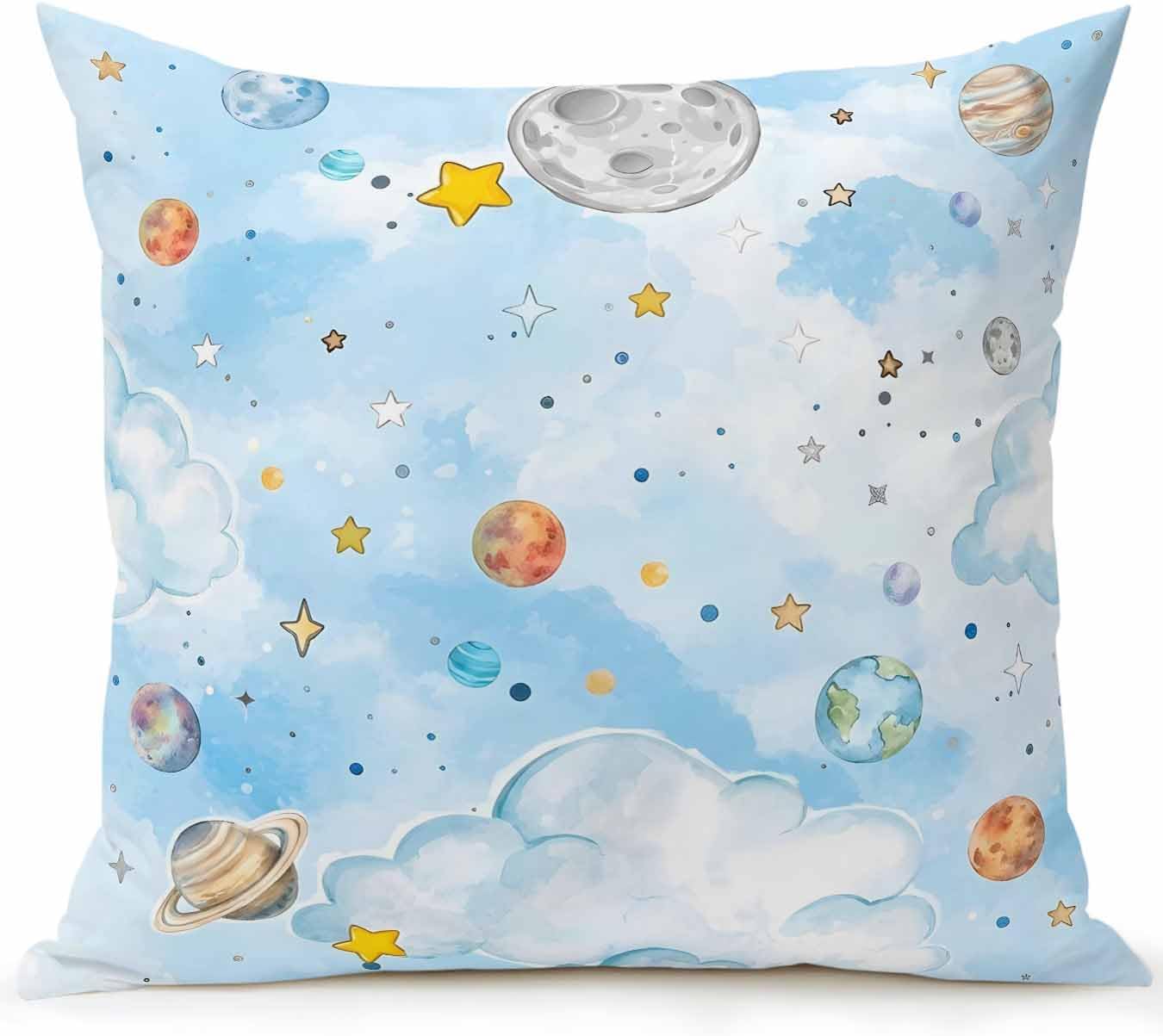 1 Pack Outdoor Pillows Waterproof, Children's Day Indoor/Outdoor Throw Pillows with Inserts, Galaxy Universe Stars Planets Moons Decorative Pillow for Patio Furniture Chairs Couch 18"x18"