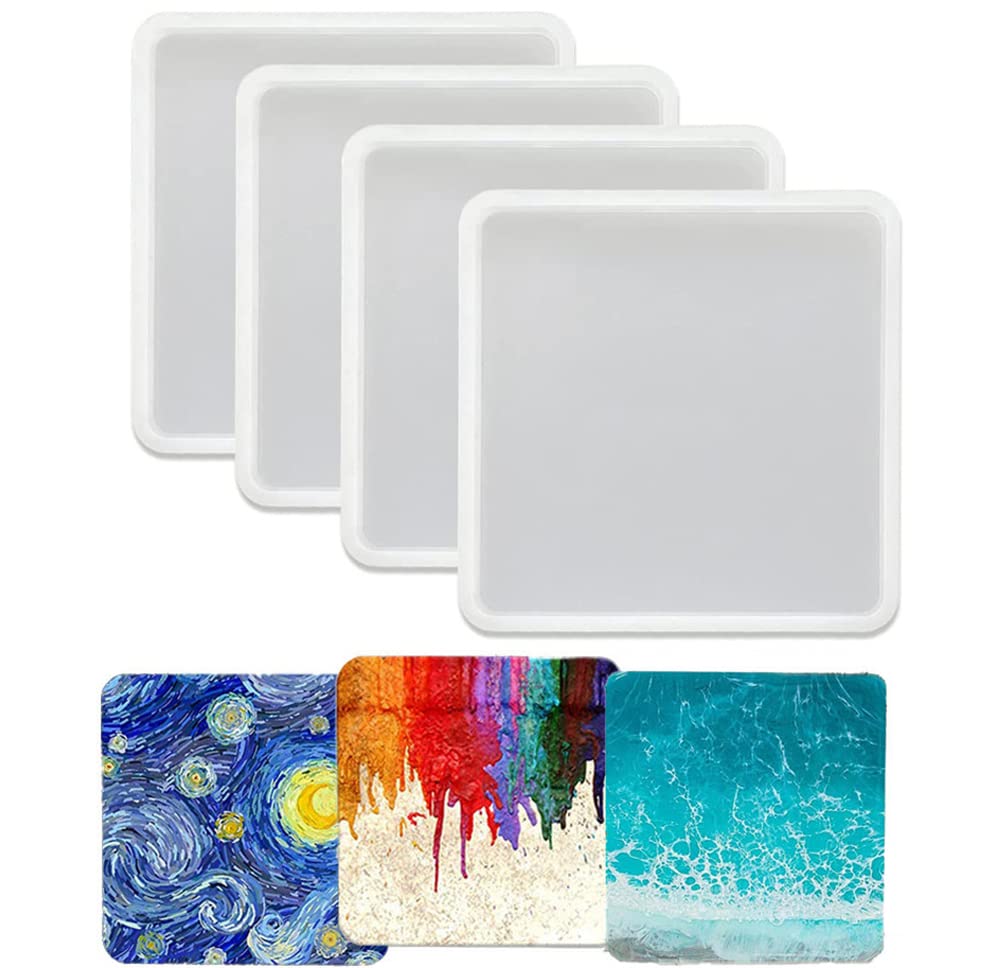 Dubens Set Of 4 Coaster Moulds For Resin Casting, Square Epoxy Resin Silicone Moulds For Making Coasters, Geode, Cup Mats, Home Decoration, 10 X 10 Cm