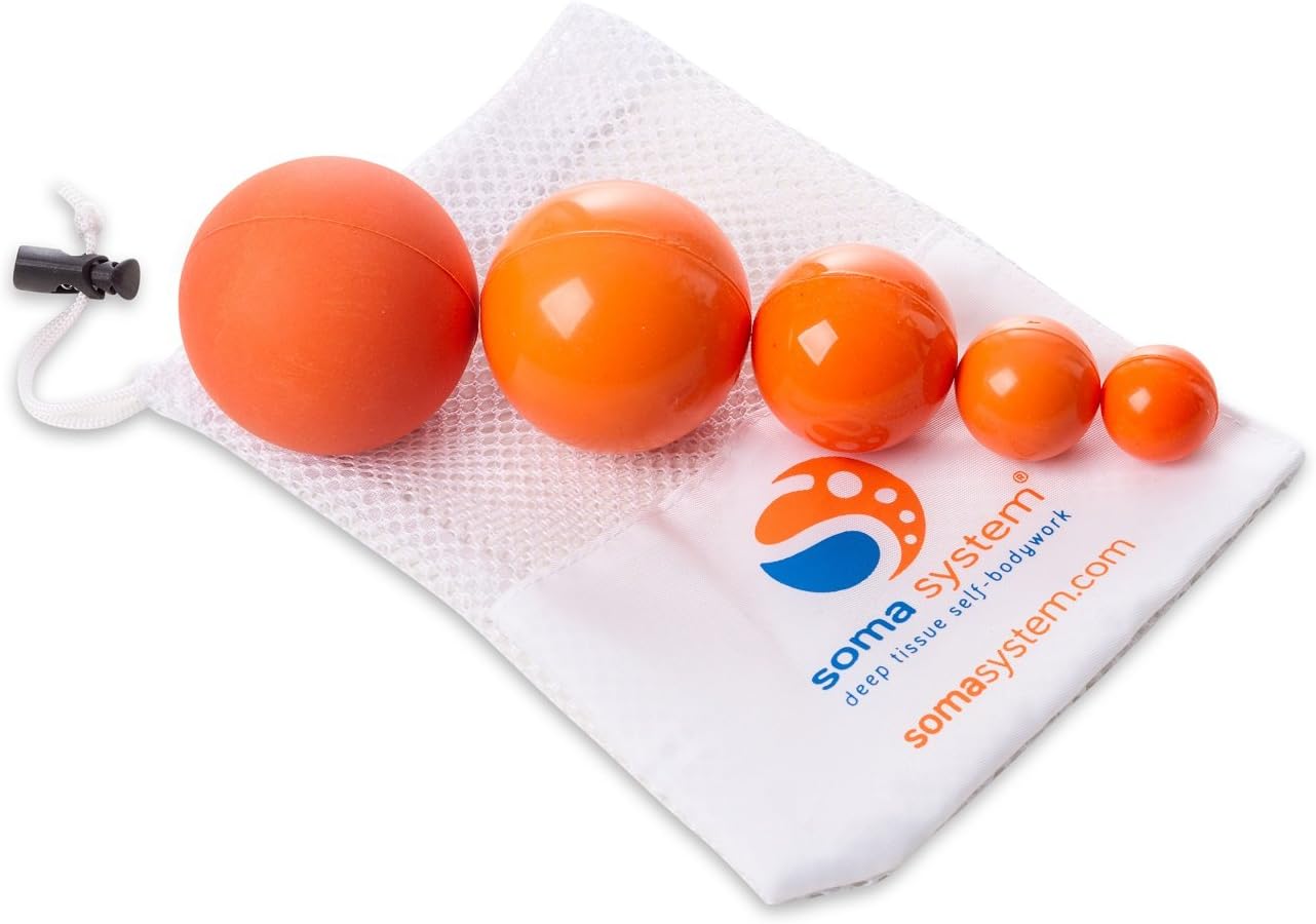 Trigger Point Therapy Ball Set of 5 and an E-Book: Soma System Massage Therapy Ball Set for Deep Tissue Self-Massage, Myofascial Release and Yoga Therapy. Set of 5 with Mesh Bag.
