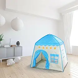 Barraca Infantil Dobrável, Tenda de Brincar Rosa e Branca, Tecido Oxford, 130x130x100cm, Fácil Montagem, Para Crianças (Estrela (Azul))