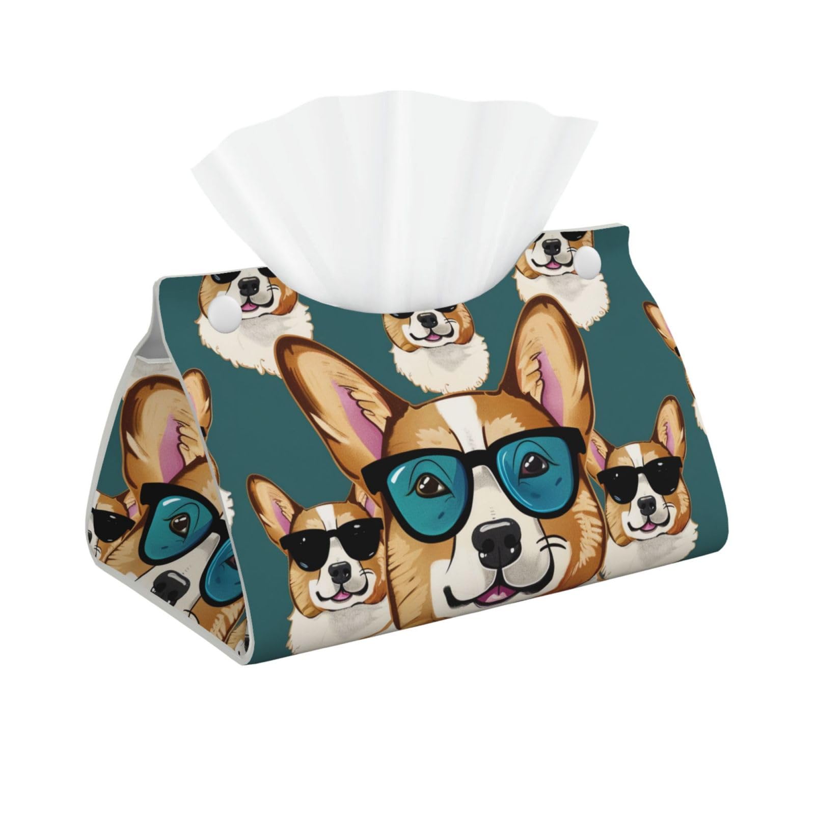 Cute Corgi Glasses and Mustaches Print Tissue Box Cover Foldable Tissue Storage Box Leather Tissue Cube Box Holder for Living Room Bedroom Office Car Home Decor