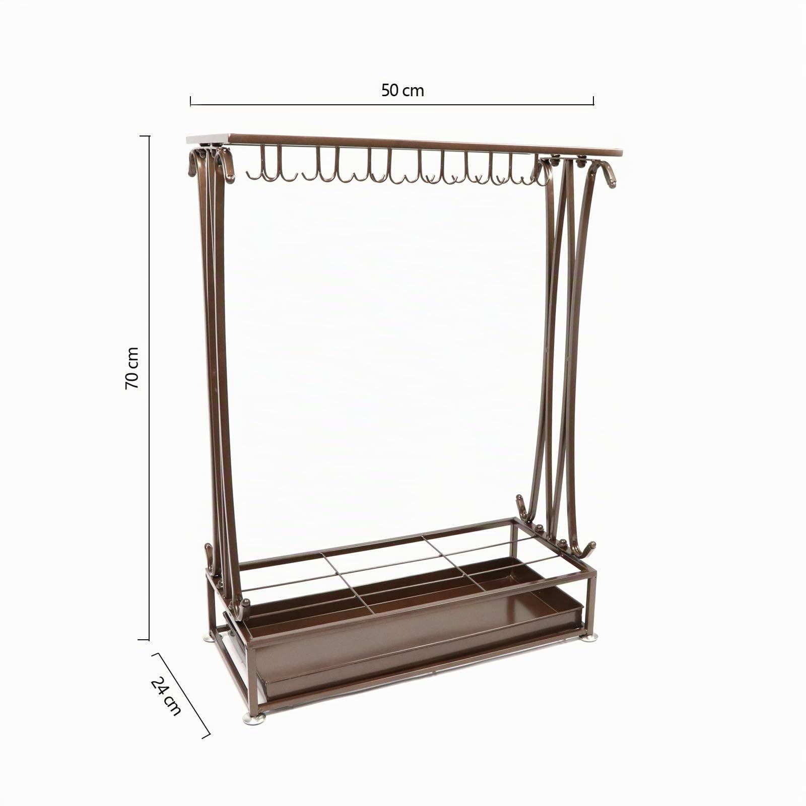 U-22 Portaombrelli extra large in metallo bronzo, 21 fori, rettangolare, con 24 ganci e vassoio per perdite d'acqua piovana, 70 x 50 x 24 cm