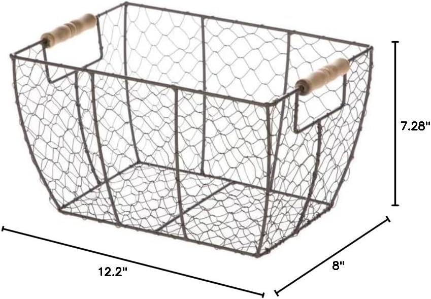 SEDLAV Rustic Farmhouse Brown Wire Basket with Wooden Handles - Vintage Chicken Wire Storage, Kitchen Organizer, Decorative Handwoven Bin for Eggs, Country Style Home Decor
