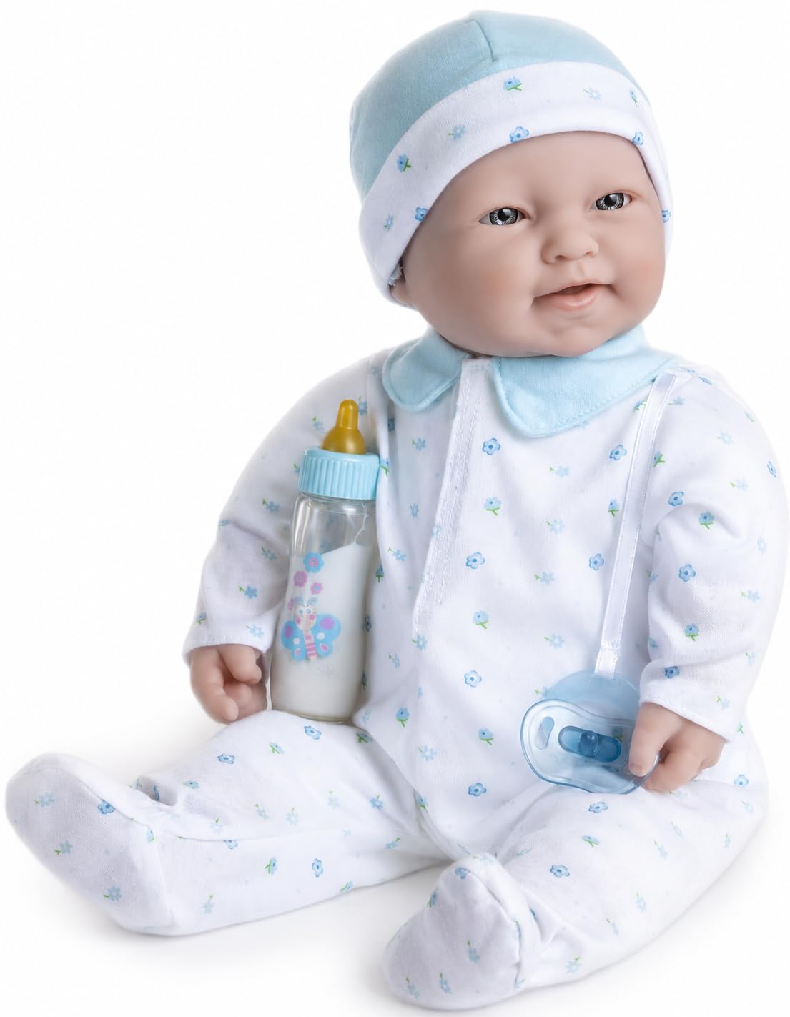JC TOYS - Lalka La Baby 51 cm ma miękki i nadający się do prania korpus, magiczna butelka i smoczek, niebieski, zaprojektowana w Hiszpanii, 2 lata