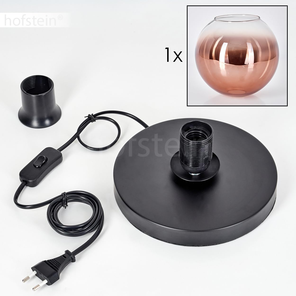 Tischleuchte Apedo, Tischlampe aus Metall/Glas in Schwarz/Kupferfarben/Klar, Leuchte im modernen Retro/Vintage-Design mit Schirm aus Glas (Ø 20cm) u. An/-Auschalter am Kabel, 1x E27, ohne Leuchtmittel