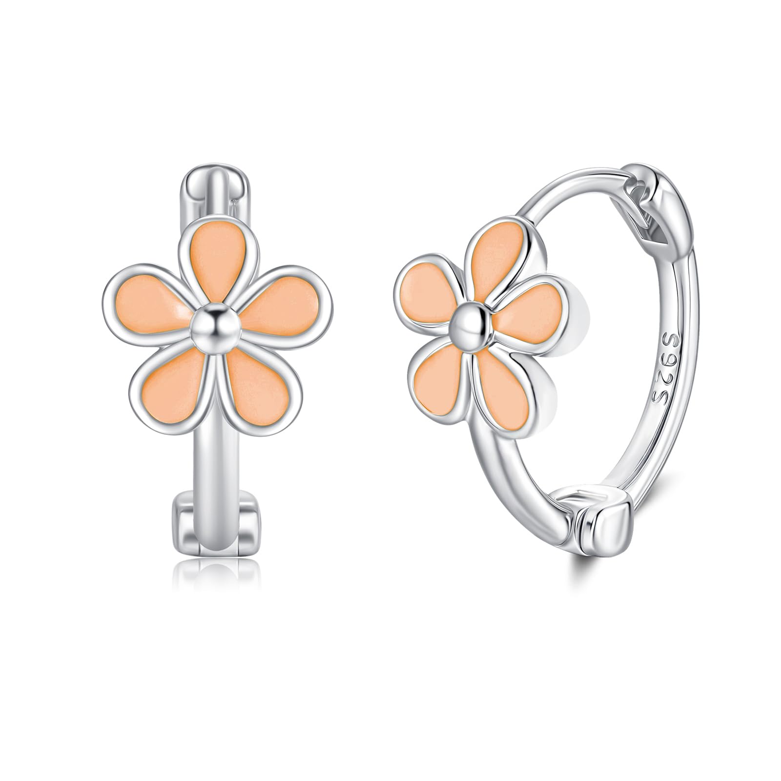 Boucles d'oreilles créoles en argent 925 pour fille - En argent sterling 925 - Petites boucles d'oreilles en forme de fleurs colorées - Hypoallergéniques - Cadeau pour fille