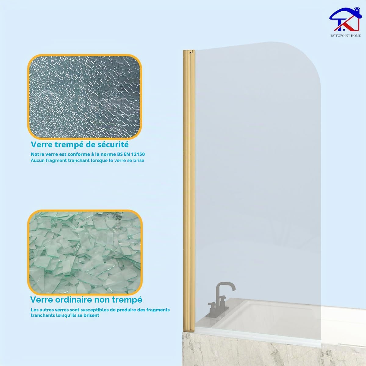 T&K Pare-bain pivotant 800 x 1400 mm pour douche avec bord arrondi doré en verre trempé de 5 mm à nettoyage facile des deux côtés pour salle de bain