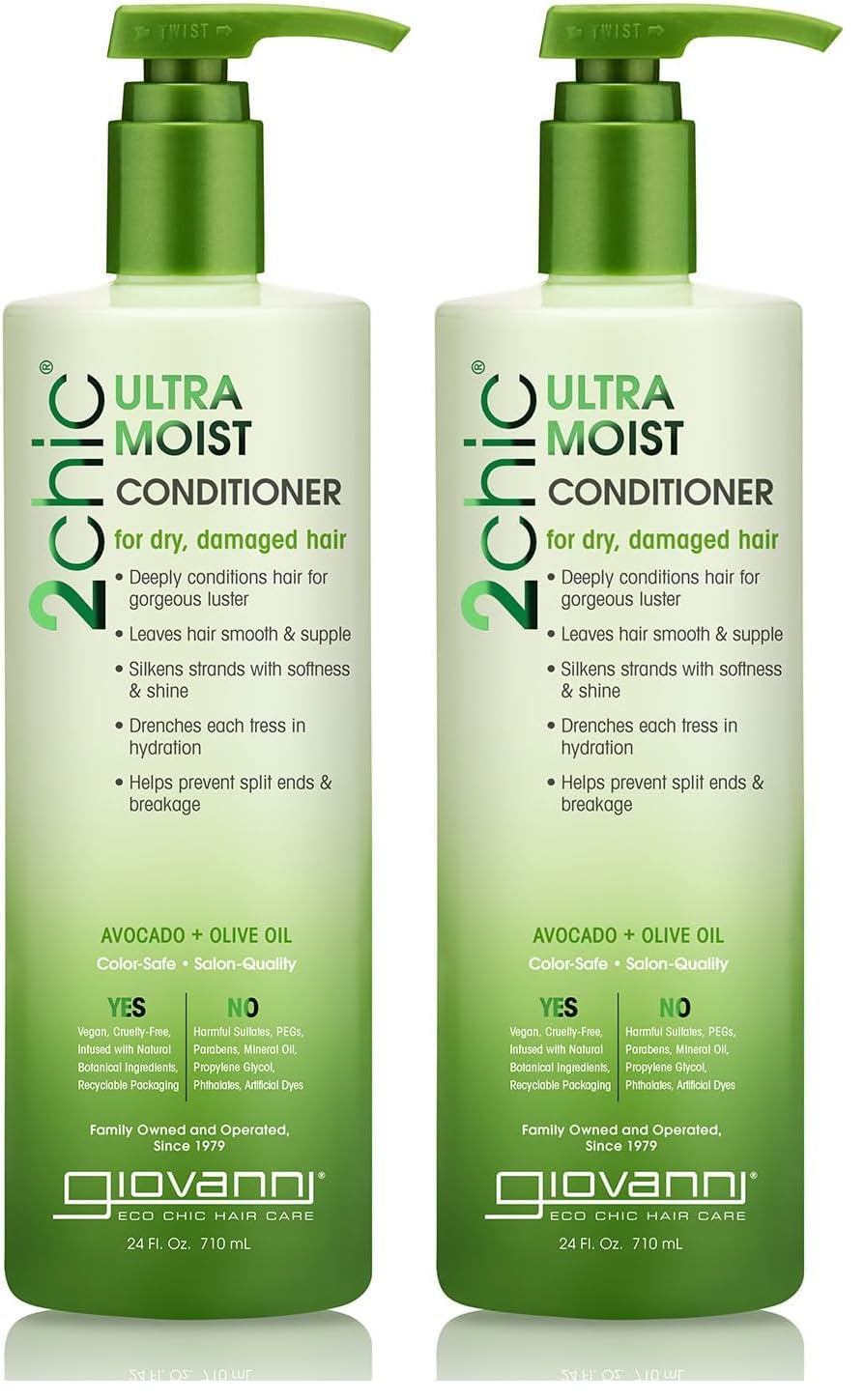 GIOVANNI 2chic Ultra-Moist Conditioner - Avocado & Olive Oil, Creamy Hydration Formula, Enriched with Aloe Vera, Shea Butter, Botanical Extracts, No Parabens, Color Safe - 24 oz (Pack of 2)
