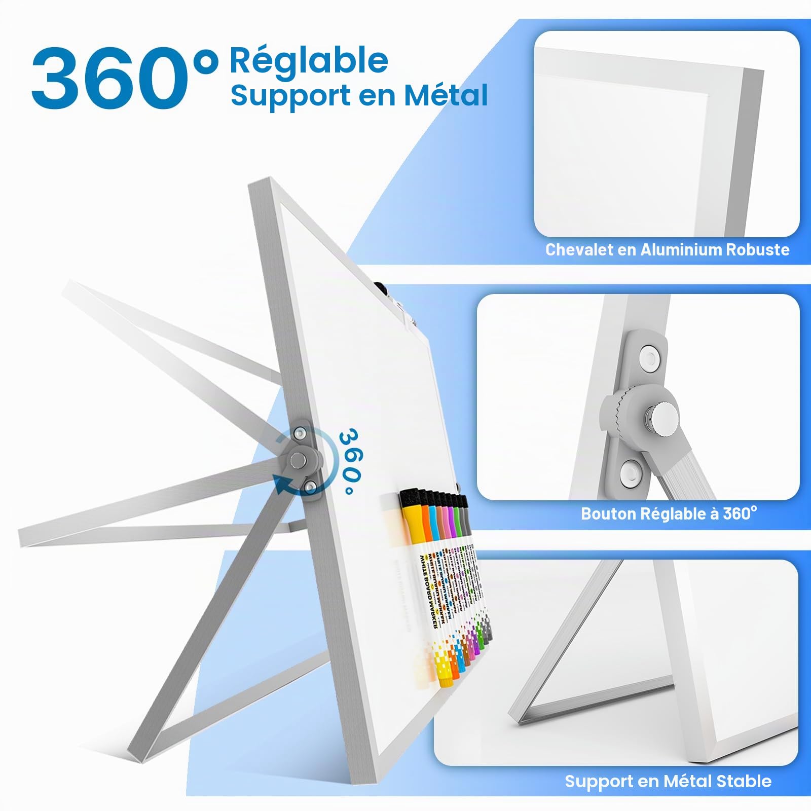 Marsrock Tableau blanc effaçable à sec avec support, tableau blanc hebdomadaire double face 40,6 x 30,5 cm, 10 marqueurs, 6 aimants, 1 gomme, tableau blanc portable pour planification, tableau blanc