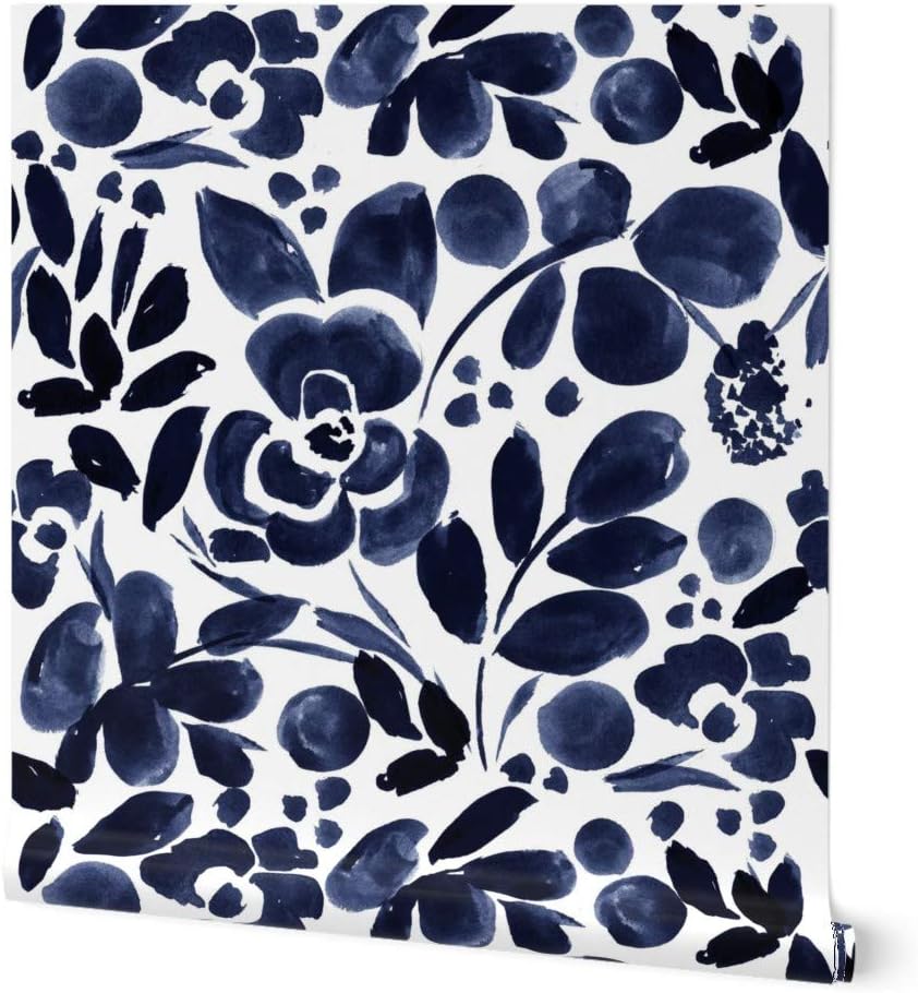 Peel & Stick Wallpaper 6ft x 2ft - Navy Blue White Floral Dark Indigo Watercolor Romantic Flowers Custom Removable Wallpaper by Spoonflower