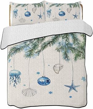 Queen Quilt Sets, Blue Coastal Christmas Lightweight Bedspreads with 2 Pillow Shams, Xmas Botanical Starfish Rustic Soft Summer Bed Coverlets 3 Pieces Bedding Set for All Season