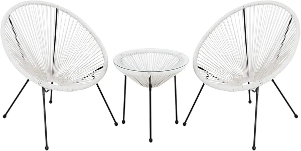 FDW Patio Bistro Set Bistro Table Set Acapulco Chairs Outdoor Chairs Set of 2 All-Weather Hammock Weave Chair Set of 2 and Glass Top Side Table Small Patio Furniture Set, White