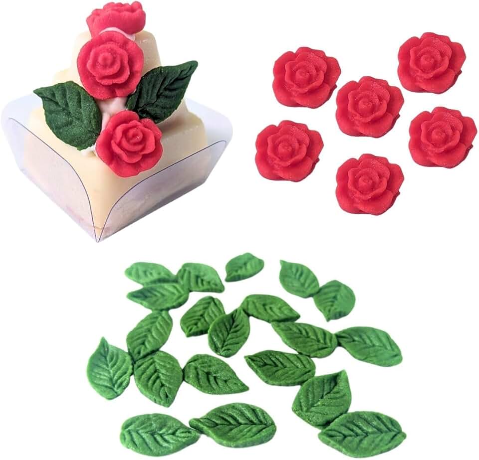 Flor de Açúcar Confeito Comestível Aplique Para Doces Finos Docinho Gourmet Mini Rosa Com Folhas 40 Peças (Vermelho)