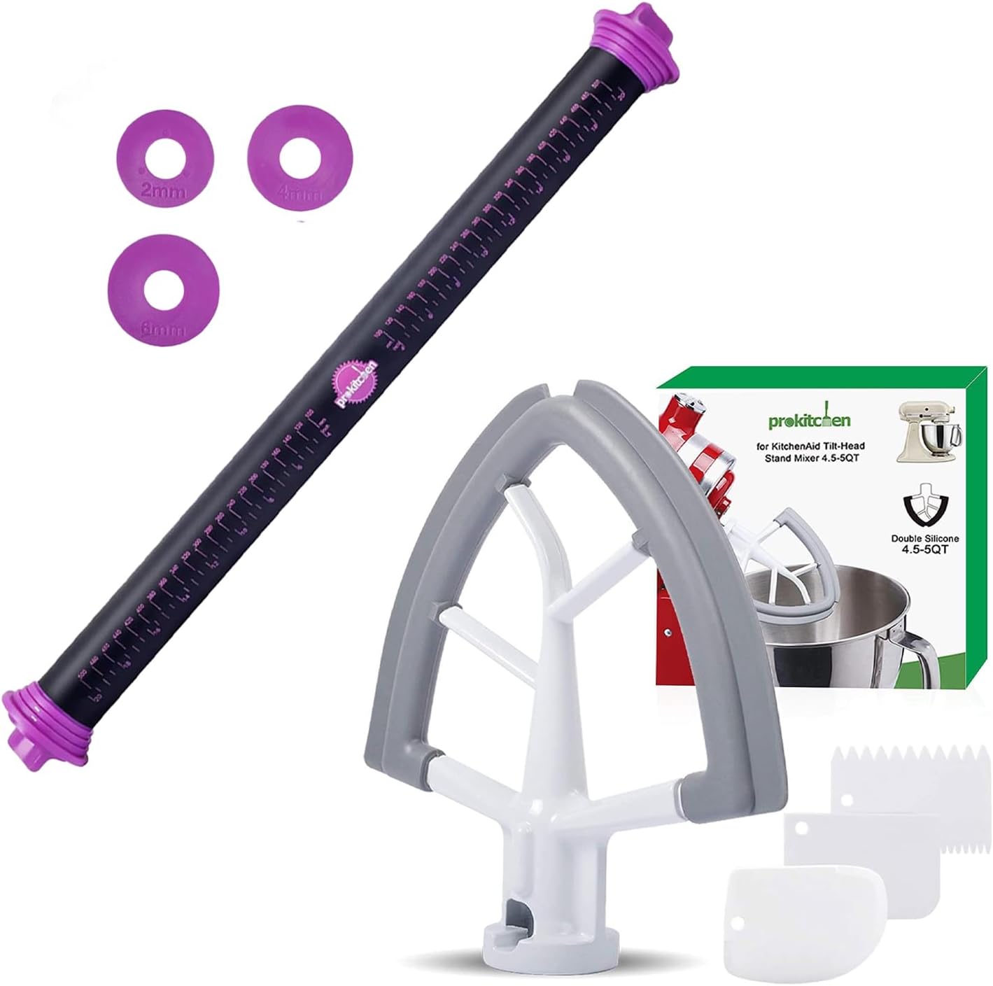 1Pack Silicone Rolling Pin with Thickness Rings and 1Pack Flex Edge Beater for Kitchenaid Mixer, 4.5-5 Quart Tilt-Head Flat Beater