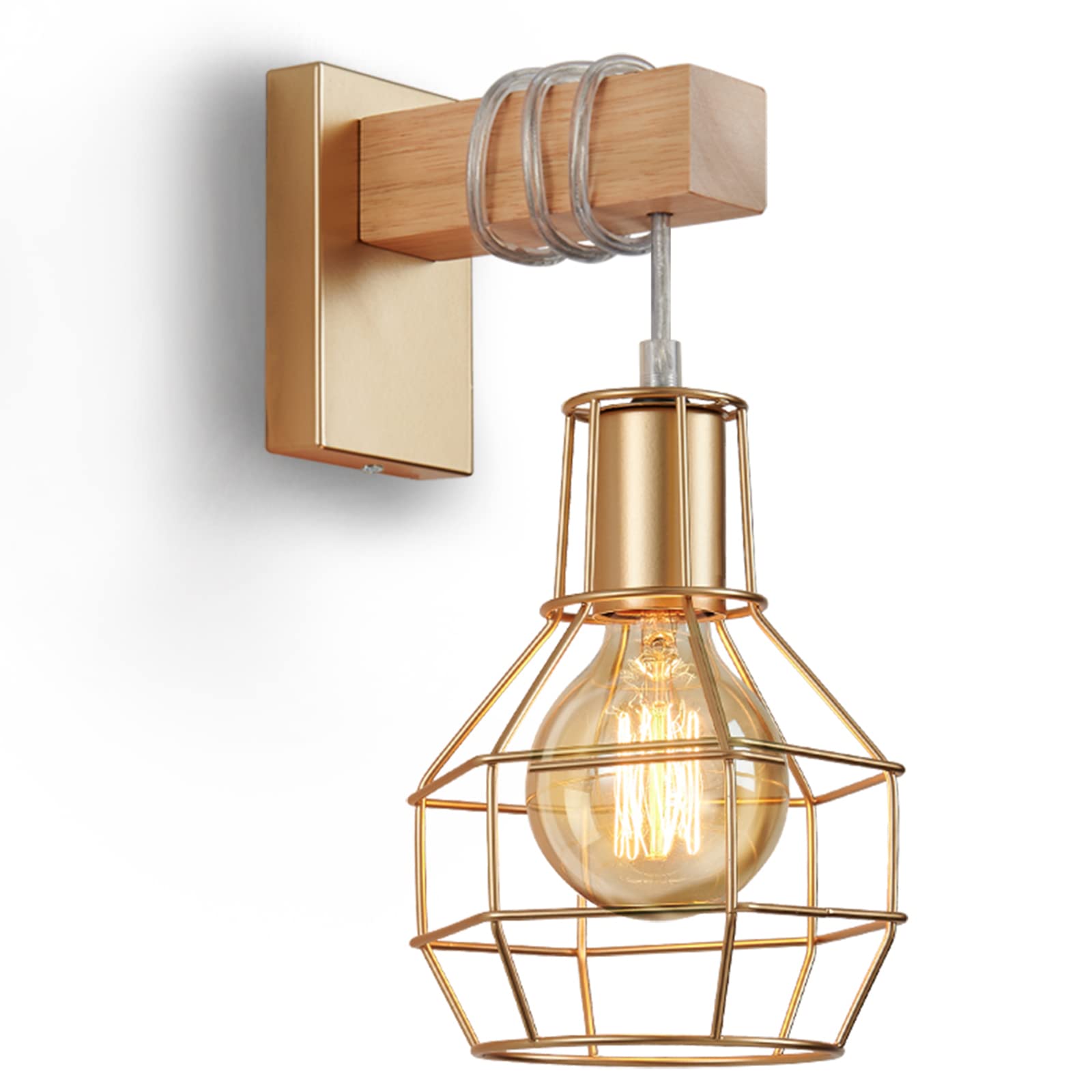 ENCOFTWall Light Vintage Industrial Indoor E27 Wooden Wall Sconce Gold Wall Lamp for Living Room Bedroom Kitchen Restaurant Loft Coffee Bar(Not Included Bulbs)