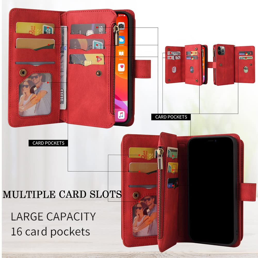 Custodia Flip in Pelle con Cerniera per iPhone 14 13 12 11 Pro XS Max XR X 8 7 6 6S Plus SE 2020 2022 Slot per Carte Portafoglio Shock Phone Cover,Rosso,Per iPhone XR