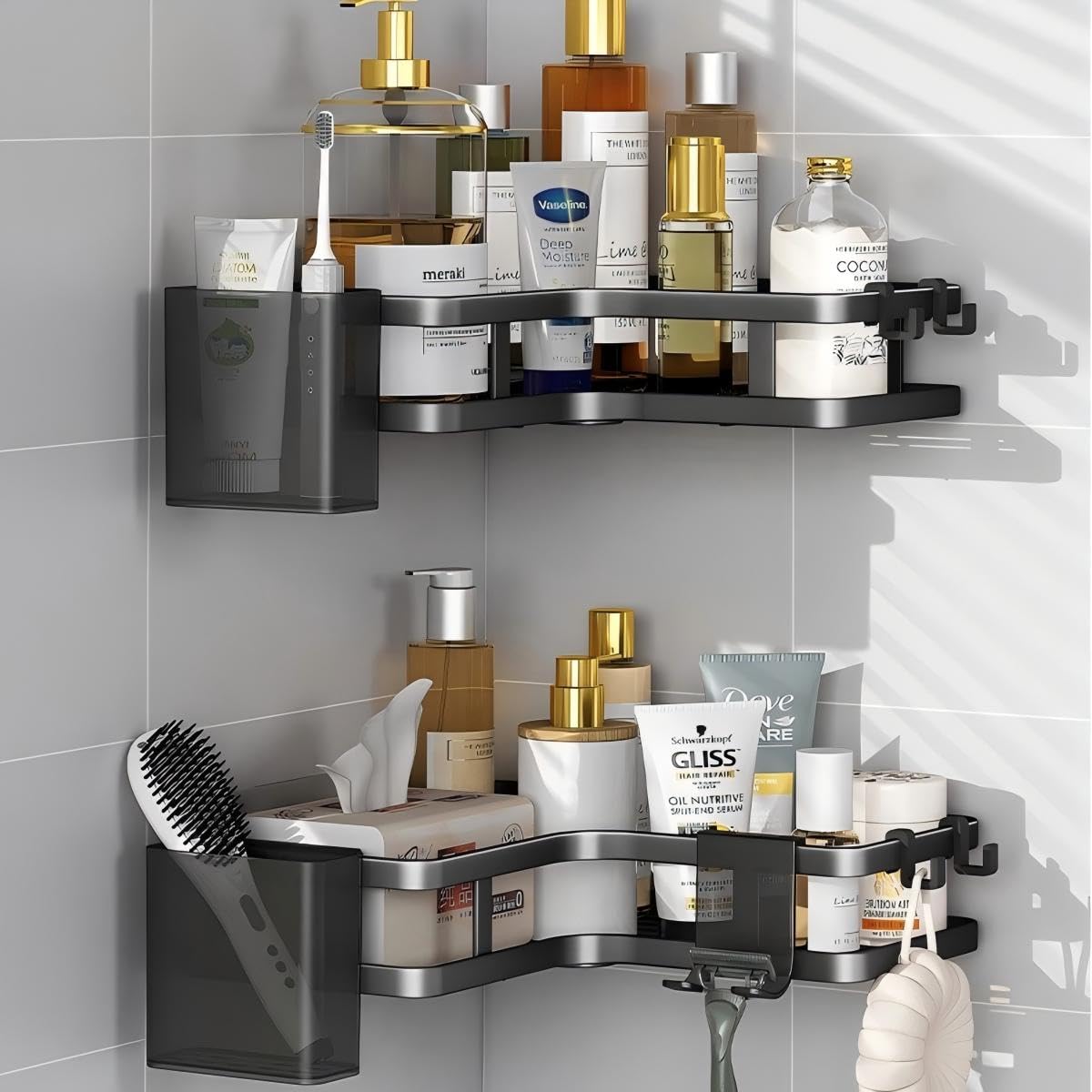 Corner Shower Caddy Black Stainless Steel No-Drill Wall Mount Storage Rack 2 Pack Wave Design 9 8 Inch