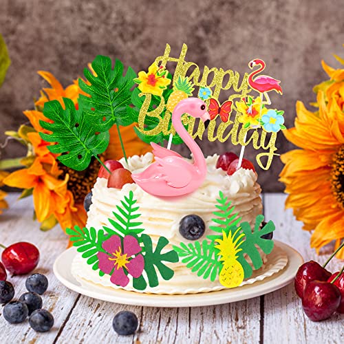 13 Pieces Flamingo Cake Toppers Summer Cake Decoration With Cute Pink Flamingo Figures And Hibiscus Flower Palm Leaves For Tropical Hawaiian And Beach Themed Party Supplies #TOP4