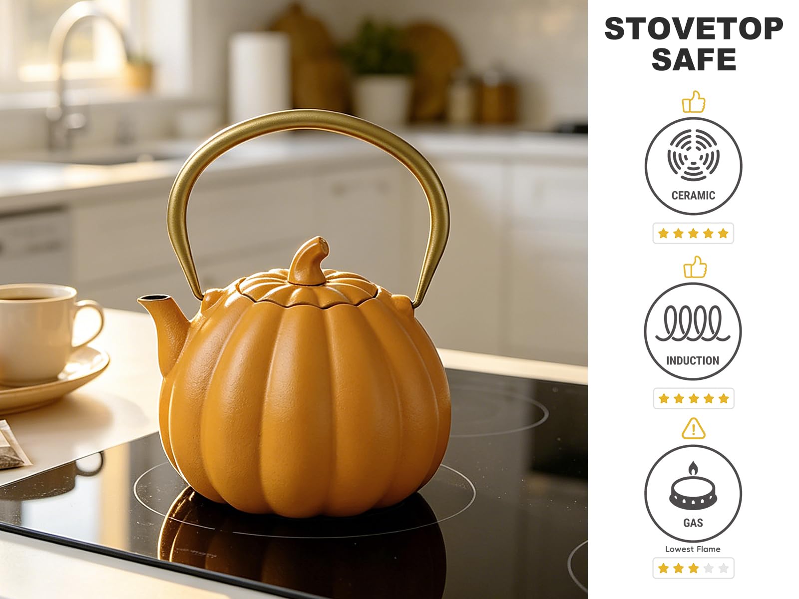 VICSKY Tetera de hierro fundido de calabaza naranja, color calabaza natural, hervidor de té japonés de hierro fundido seguro para estufa con infusor, tetera creativa de calabaza de Halloween (40