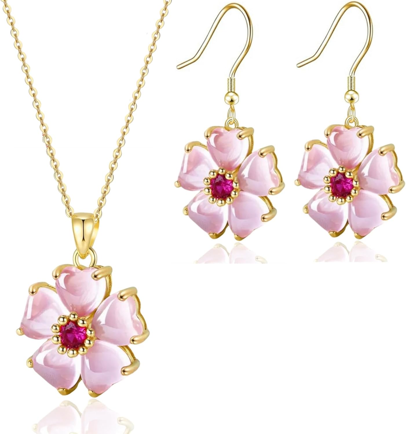 VONSSY Elegant Cherry Blossom Necklace Earrings Pink Cats Eye Flower Flora Sakura Gemstone Crystal Pendant 18k Gold Plated Chain Jewelry Set Gift for Woman Wife Girlfriend