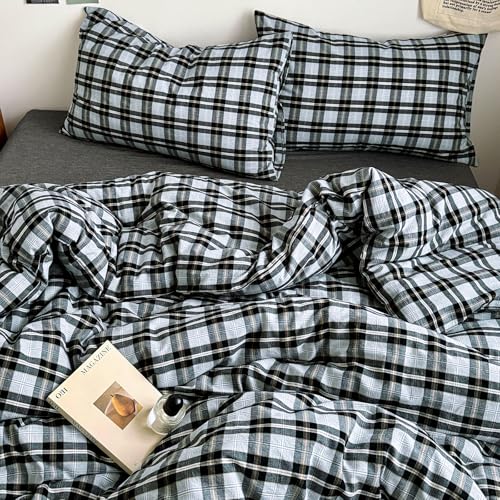 Image of MKXI Full Buffalo Plaid Duvet Cover - Washed Cotton Farmhouse Bedding Set, Lightweight Breathable Reversible Comforter Cover, Gray Black Yellow Checkered