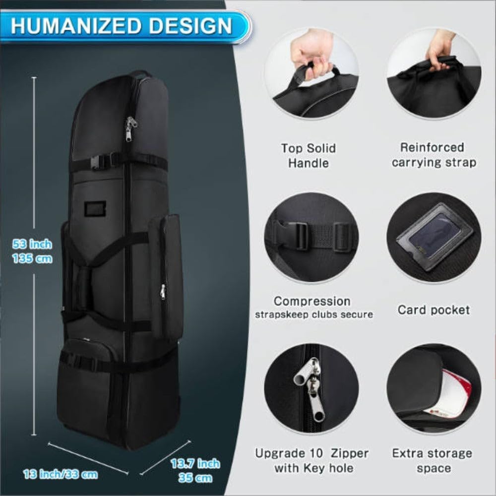 Golf Travel Bag with Wheels, 900D Oxford Cloth, Foldable, Soft Sided, 33x35x135cm, Zipper Closure, for Airlines