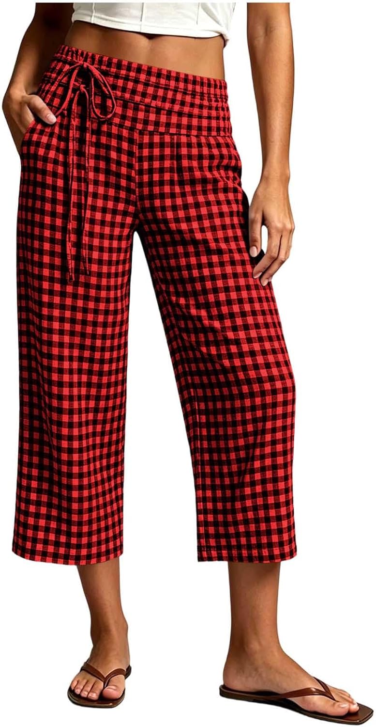 Womens Gingham Cropped Pants Drawstring High Waist Wide Leg Pants Lightweight Summer Fashion Casual Trousers