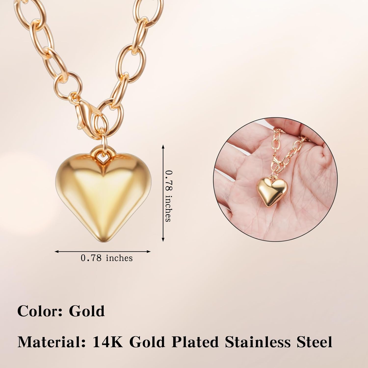 Gold Chunky Heart Necklace for Women 40 in Long Trendy Layered Puffy Heart Necklace - Image 4