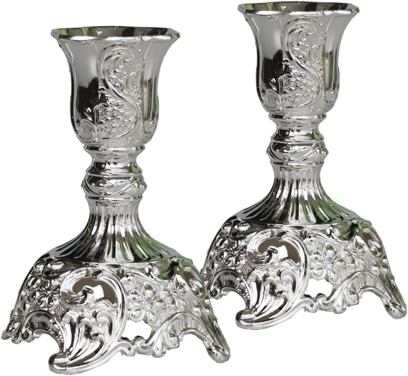 Silver Taper Candle Holders with Deluxe Engraved Design , Set of 2 Premium Metal