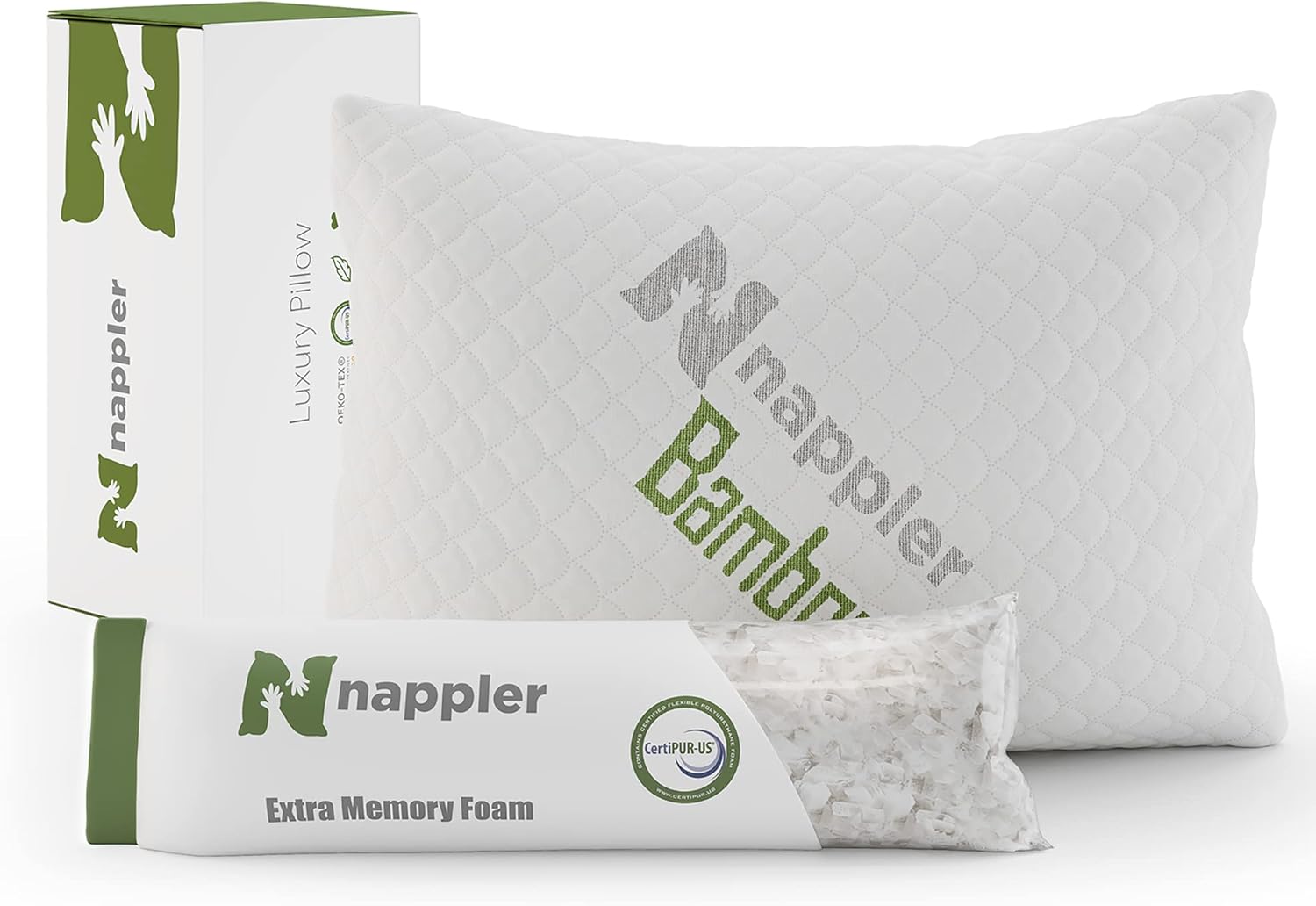 Nappler Premium Pillow Queen Size - Bed Pillow - Back, Stomach, All Sleeping Positions -100% Adjustable Soft, Medium, Firm Fill - Shredded Memory Foam - Washable Modal Cover CertiPUR-US Certified : Home & Kitchen