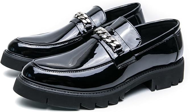 Mens Patent Leather Chain Platform Loafers Comfort Breathable Lug Sole Slip-On Casual Dress Shoes Business Dating Prom Penny Shoes