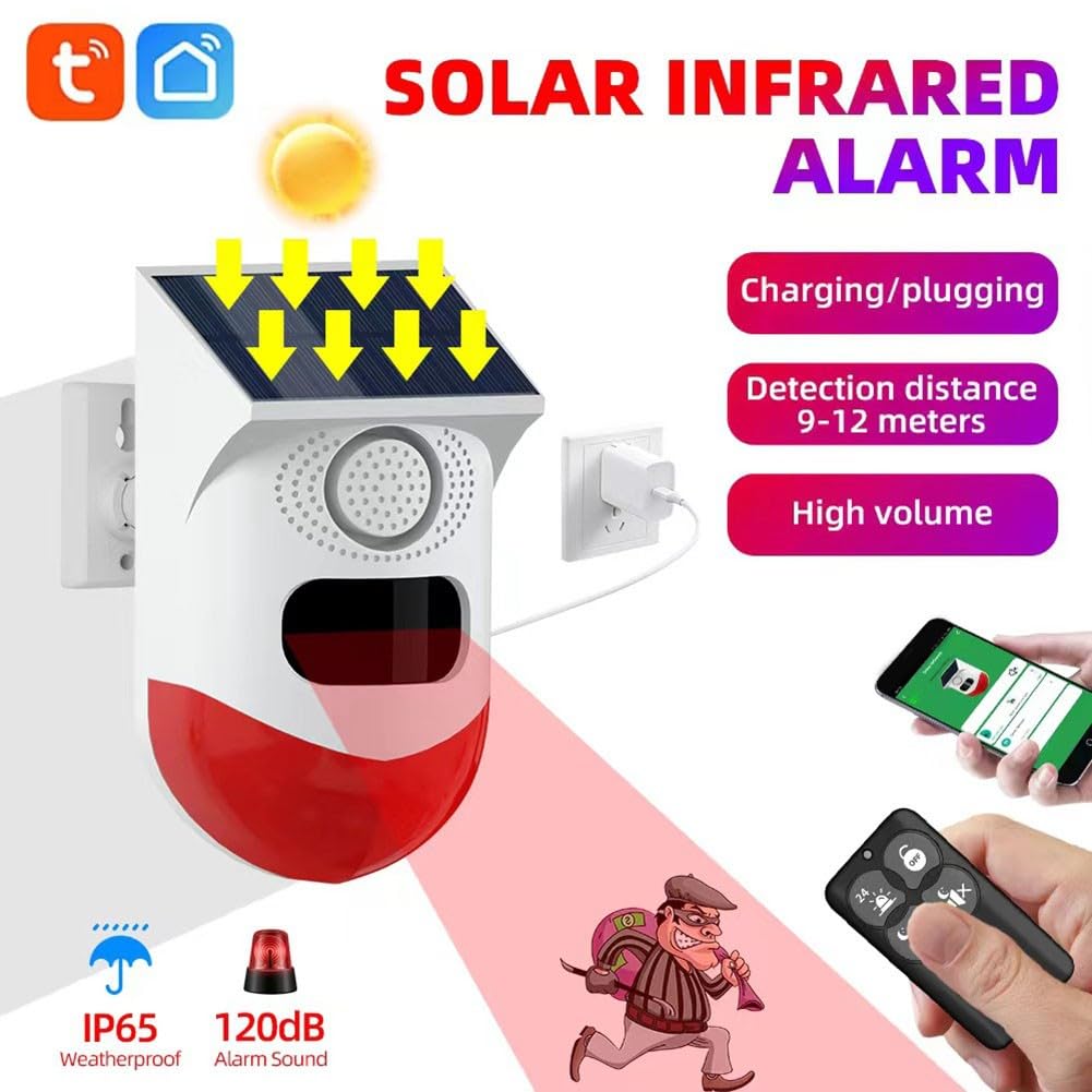 SPORTARC Home Security Systems, für Tuya WiFi Solar Bewegungsmelder Alarm mit Fernüberwachung, Hausalarm außen wetterfest, 120db 24 Stunden 4 Modi