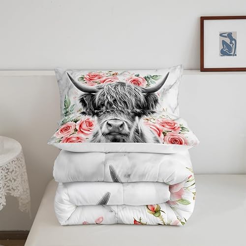 Miniatura 7 de Erosebridal - Juego de funda de edredón con flores de vaca de las Highlands, tamaño Queen, diseño de toro, juego de ropa de cama de ganado vacuno,