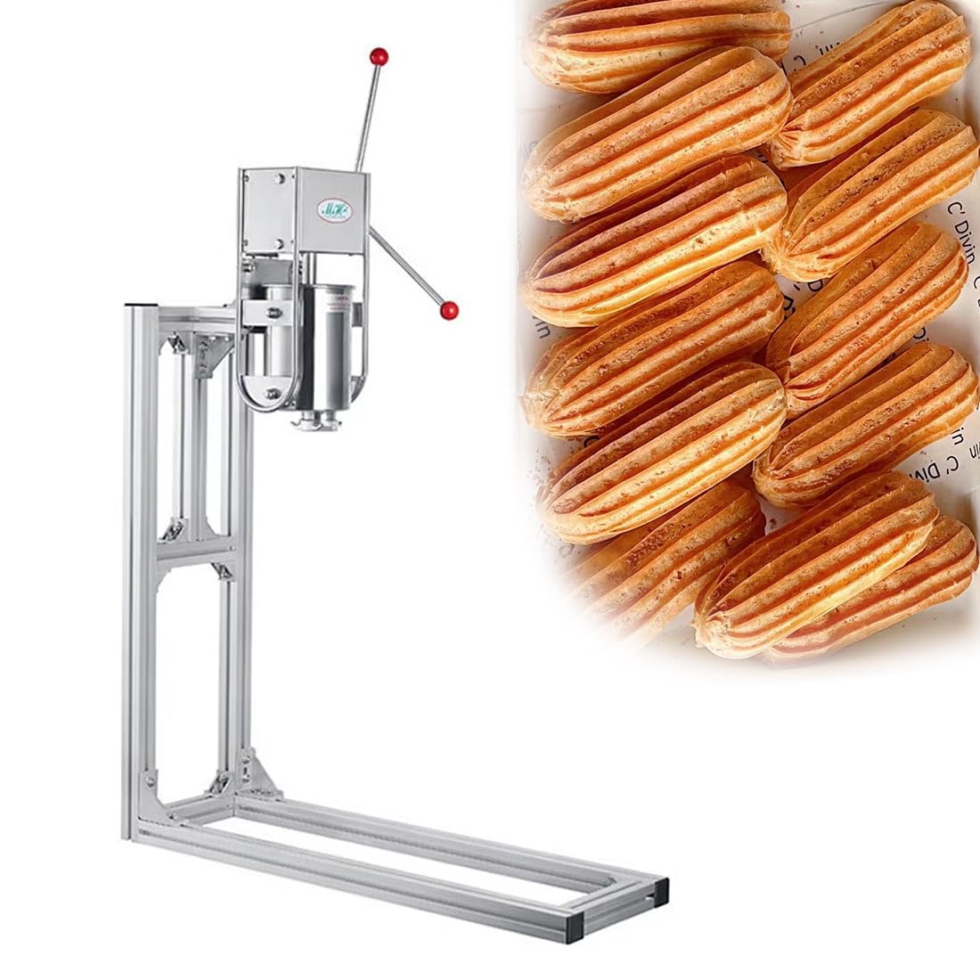 Churro manual de acero inoxidable, máquina de donas comercial y doméstica, soporte en forma de L, 4 boquillas, capacidad de 5 litros para panaderías y restaurantes