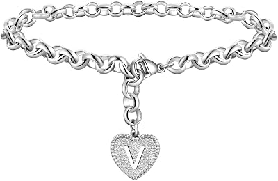 Silver Initial Charm Bracelet Stainless Steel Heart Letter