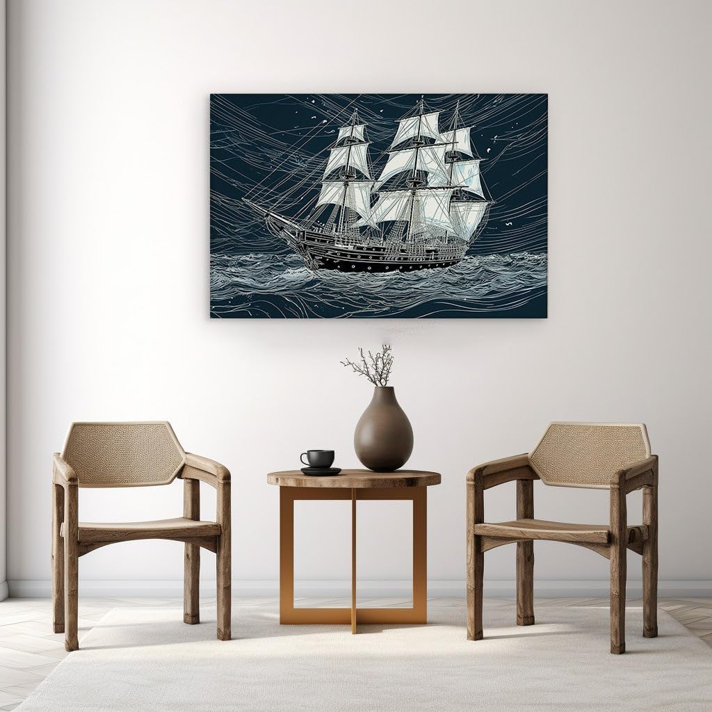 Canvas for Living room. Braving the Storm: A Journey of Sailboat and Sea in Hand-Drawn Majesty, 27 x 18 inch Canvas Wall Art - Modern Home Decor