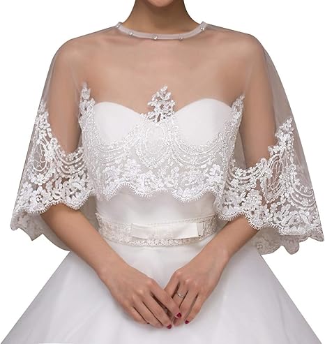 Amazon Co Jp 結婚式やパーティーのためのビーズの装飾ブライダルボレロジャケットと女性のレースショールの結婚式の肩掛け ドレスショール 色 白 服 ファッション小物