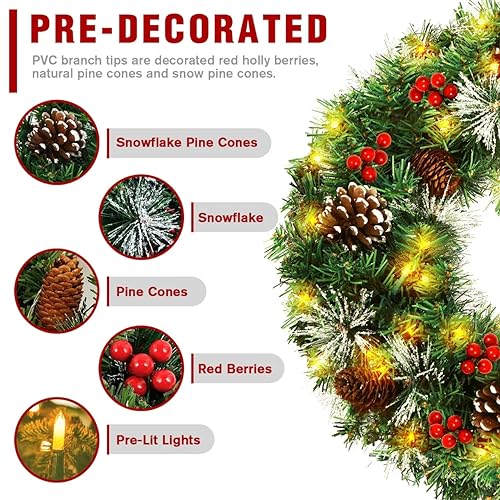 Mr.Kiangci Christmas Wreath For Door,Pre-Lit Artificial Christmas Wreaths For Front Door With Pine Cones,Berries,8 Modes&Timer,50 Led Lights For Outdoor Decorations thumb #1
