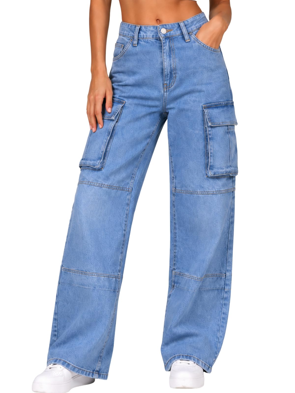 GRECIILOOKS Jeans cargo da donna, a vita alta, in denim, a gamba larga, vestibilità dritta, pantaloni casual larghi per ragazze e abbigliamento quotidiano