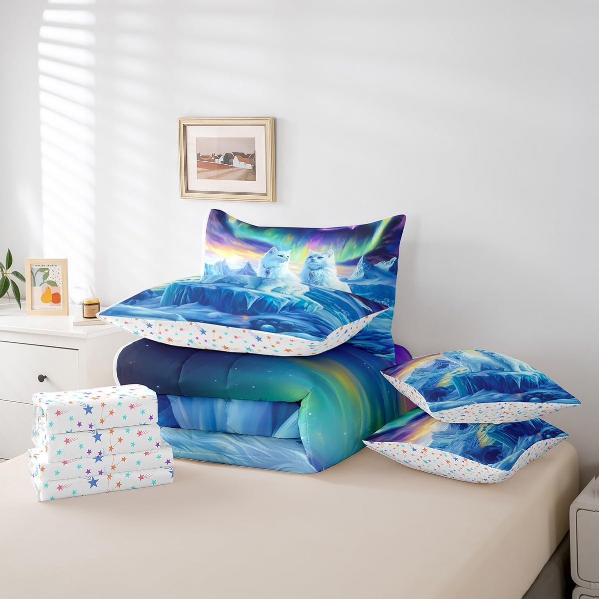 7 Pieces Queen Size Kawaii Cat Comforter Set,Starry Sky North Pole Lights Dreamy Bedding Set for Boys Girls,Cute Animals Pets Rustic (Comforter+Fitted+Flat Sheet+2 Pillowcases+2 Throw Pillow Covers)