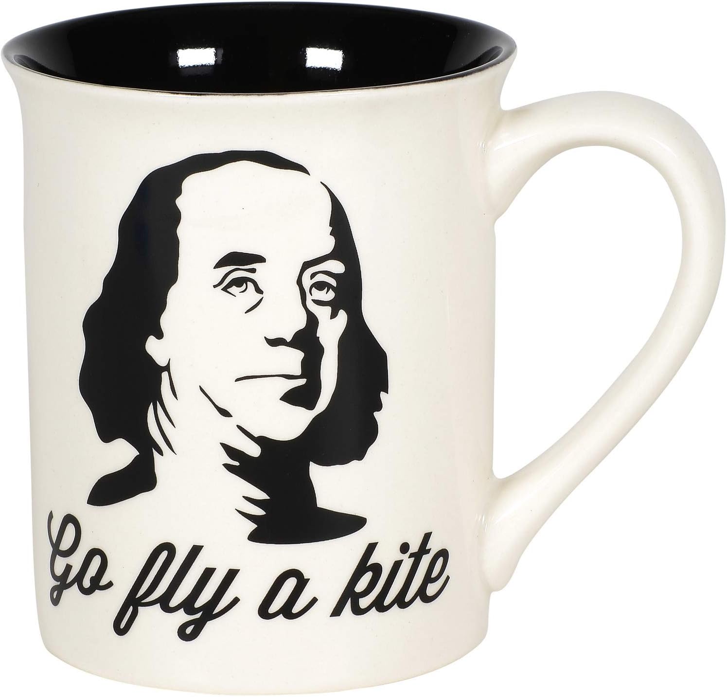 Enesco Our Name is Mud Fly a Kite Ben Franklin History Coffee Mug, 16 Ounce, Black and White