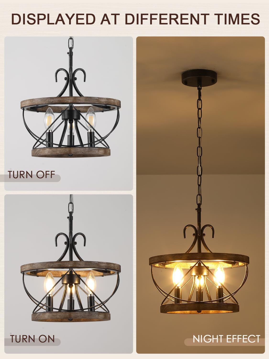 12 Inch Farmhouse Wood Chandelier Light Fixture, 3-Light French Country Rustic Industrial Drum Hanging Pendant Lighting Over Table for Kitchen Island Dining Room Entryway