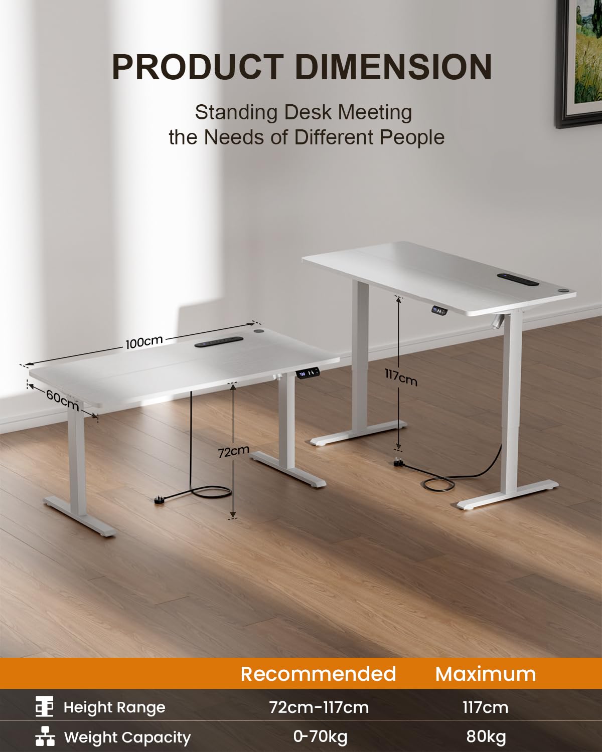 Precision Synergie Electric Standing Desk, Power Outlets, 2 Memory Buttons, White, 100 x 60 cm - Image 3