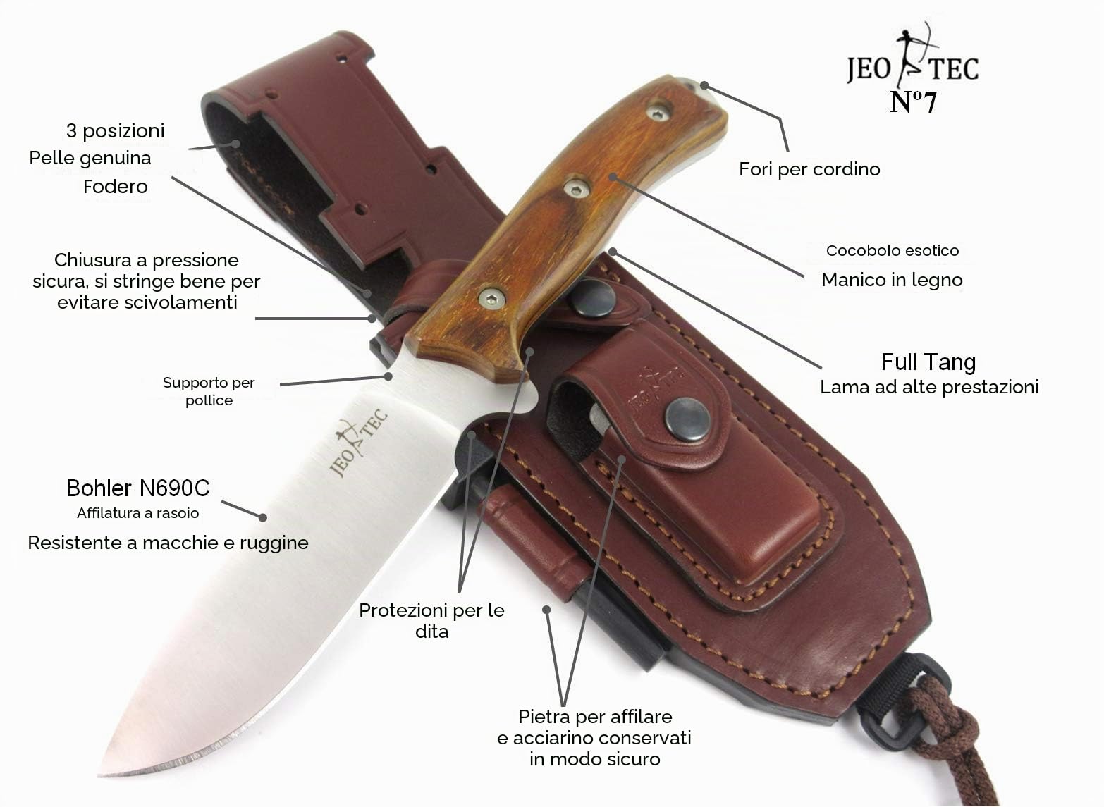 JEO-TEC Nº7 Coltello da Caccia, Outdoor, Bushcraft, Campeggio - Lama in acciaio inox BOHLER N690C - Custodia multi-posizionale - Fatto a mano in Spagna