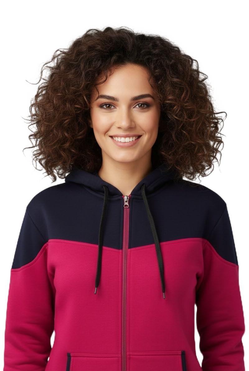 Shaarav Women's Colour-Block Zip-Up Hoodie Jacket, Pink and Navy Blue, Cotton Fleece, Full Zip, Drawstring Hood-picture-18