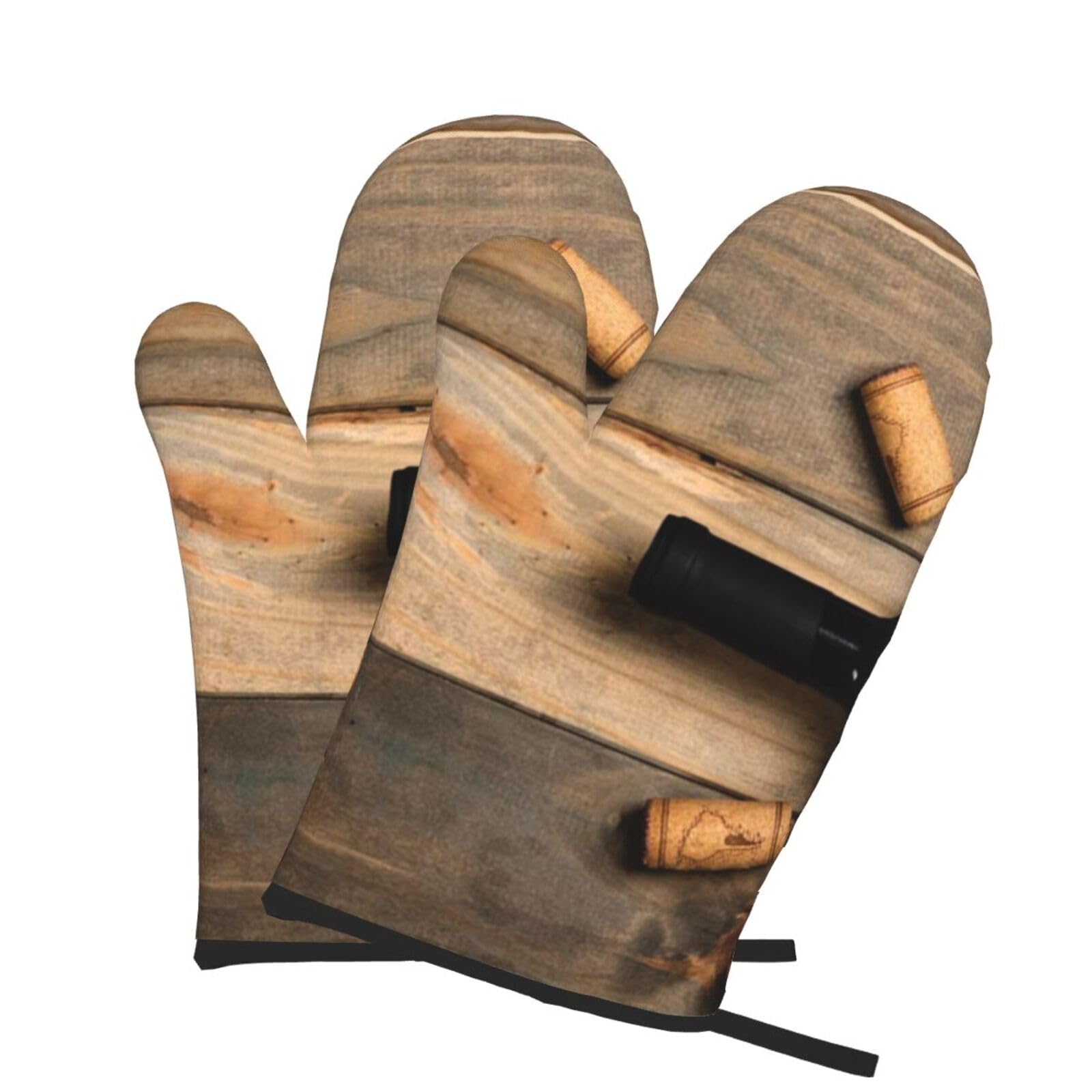 Oven Mitts Set of 2 Pcs, Wine Bottle Corks Grapes Prints Heat Resistant Kitchen Gloves for Cooking Baking Grilling