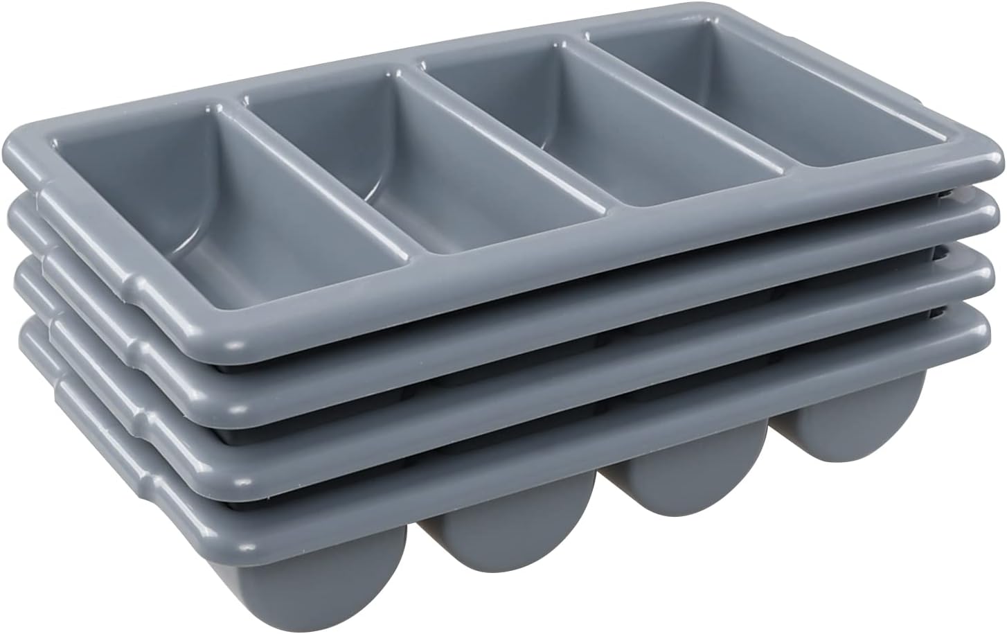 Pack of 4 4-Compartment Restaurant Silverware Organizer Bins, Plastic Commercial Cutlery Holder, Gray