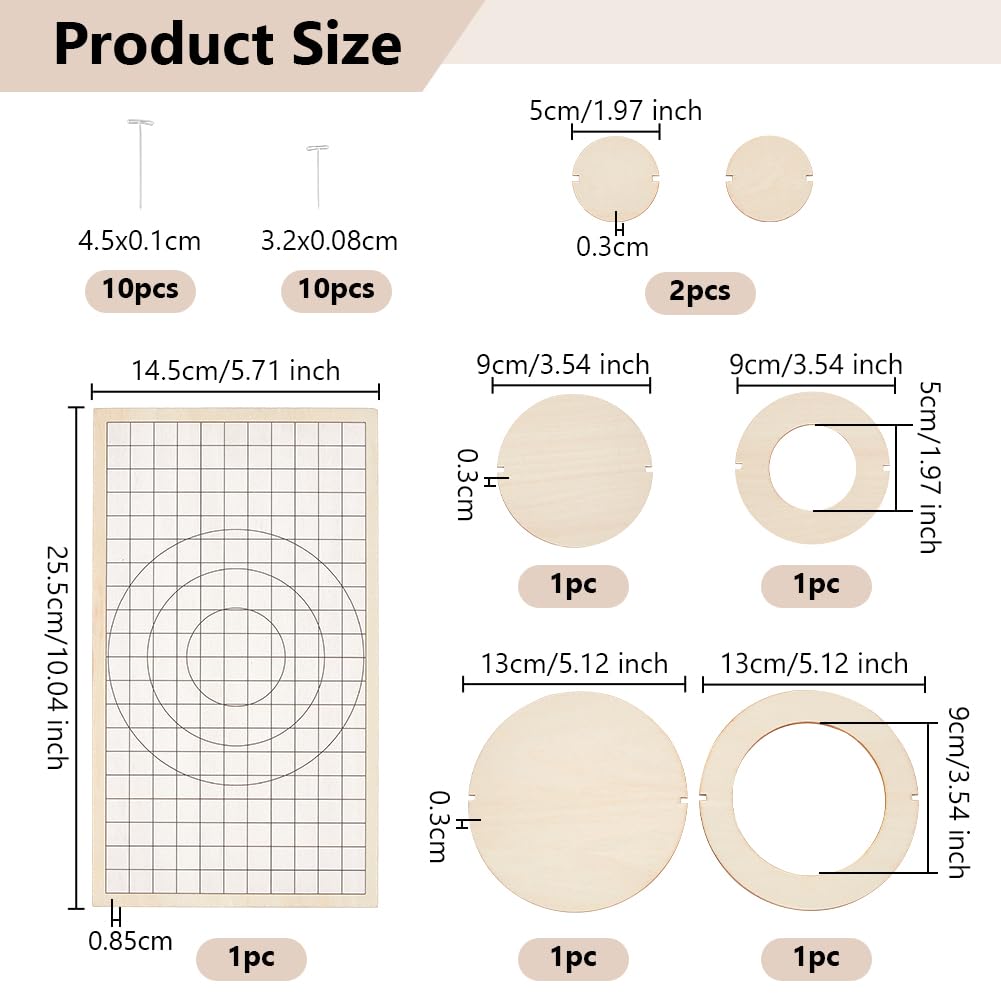 OLYCRAFT Macrame Coasters DIY Set Wood Blank Coaster Sets Round Macrame Cutting Molds Macrame Round Wall Hanging Tool for DIY Crafts with Board 20Pcs 2 Styles T Shape Pins 6 Coater Cutting templates