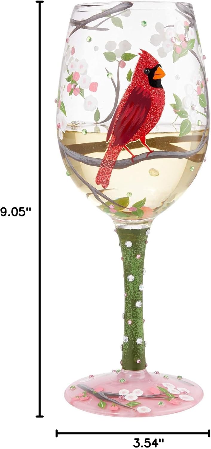 Enesco Designs by Lolita Cardinal Bird with Cherry Blossoms Beauty Artisan Hand-Painted Wine Glass, 15 Ounce, Multicolor